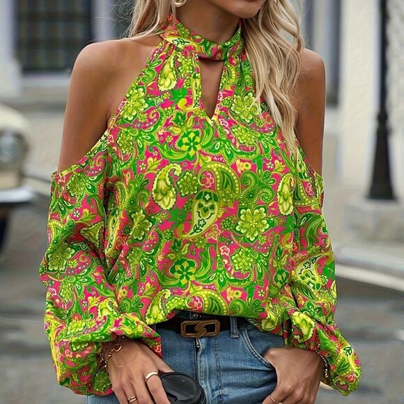 Green Pink Paisley Off The Shoulder Halter Blouse Top - Picture 1 of 7
